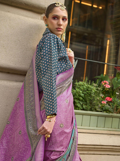 Attractive Pink Digital Printed Silk Festival Wear Saree With Blouse